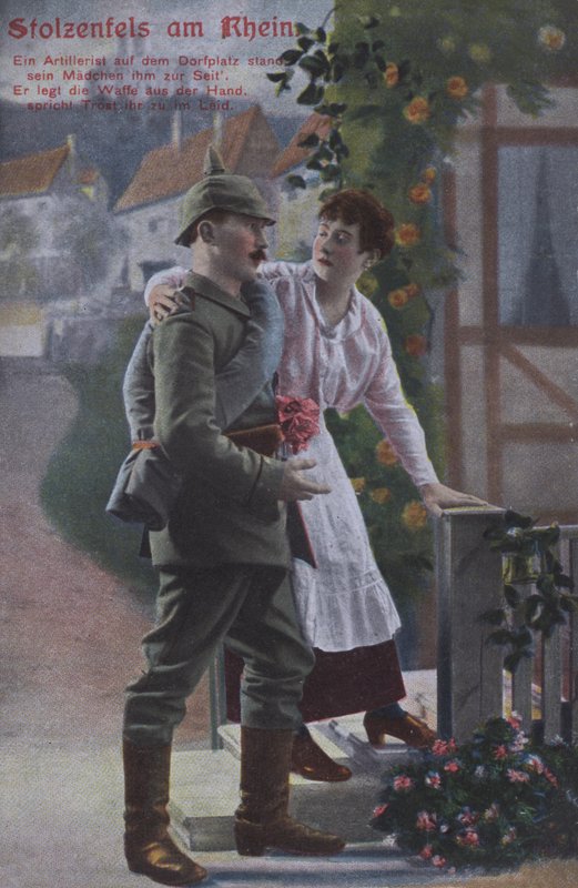 Stolzenfels slott vid floden Rhen, vykort med tyskt patriotiskt militärtema (färgat foto) av Photographer German
