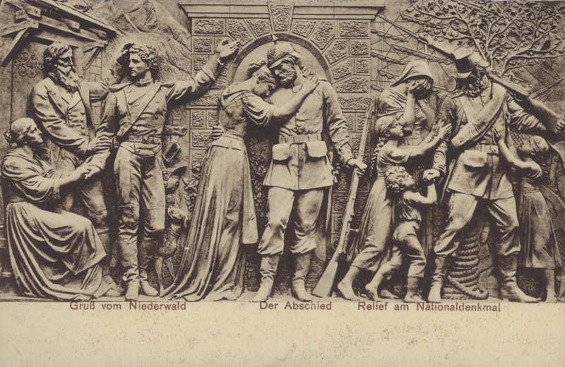 Avskedet, reliefen på Nationaldenkmal, monument till minne av Tysklands enande, Rudesheim am Rhein, Hessen (s/v foto) av Photographer German