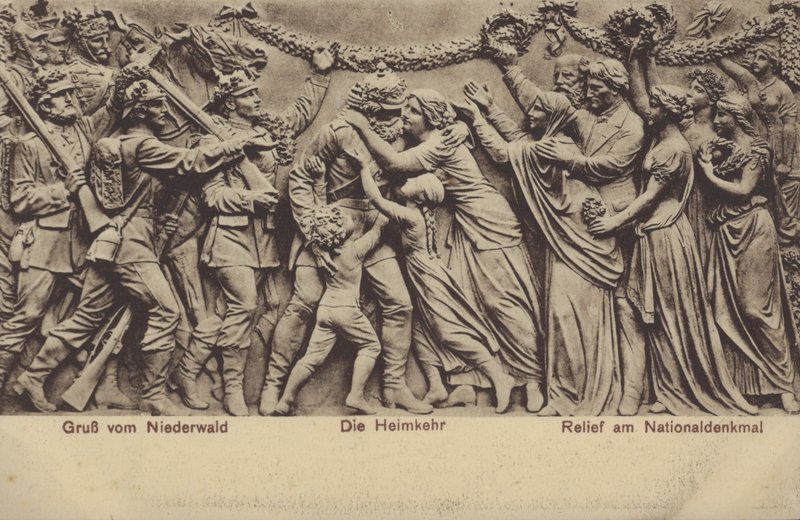 Hemkomsten, relief på Nationaldenkmal, monument till minne av Tysklands enande, Rudesheim am Rhein, Hessen (s/v foto) av Photographer German