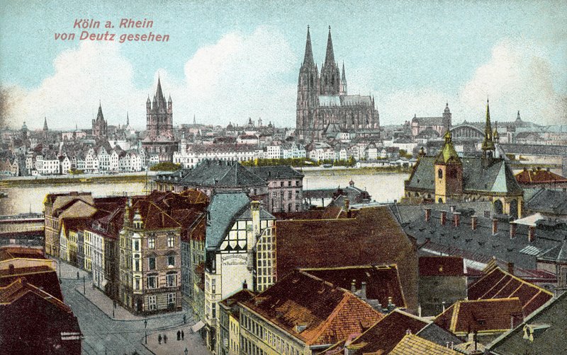 Utsikt över Köln över Rhen från Deutz, Tyskland (färgfoto) av Photographer German