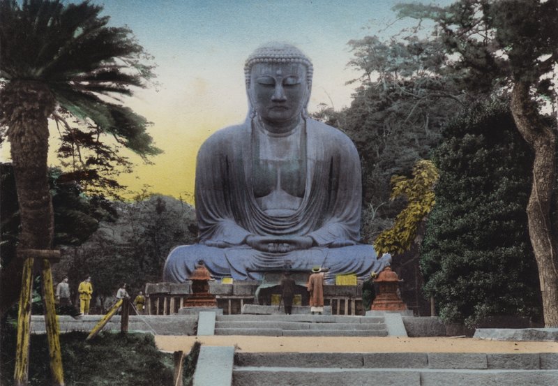 Japan, ca 1912: The Finest Daibutsu, eller Great Buddha at Kamakura, är från 1252 Höjd 49 fot och 7 tum, med tåg 50 minuter från Yokohama (foto) av Photographer Japanese