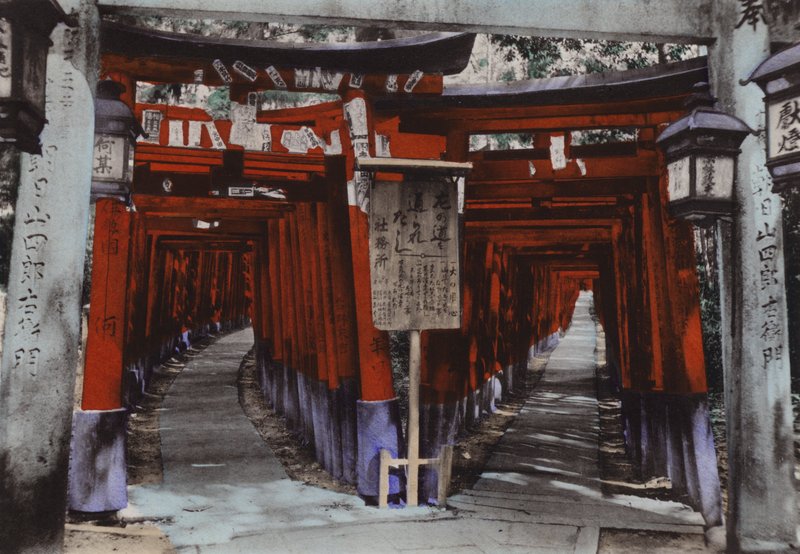 Japan, ca 1912: Torii Avenues, Shrine of Fushimi nära Kyoto (foto) av Photographer Japanese
