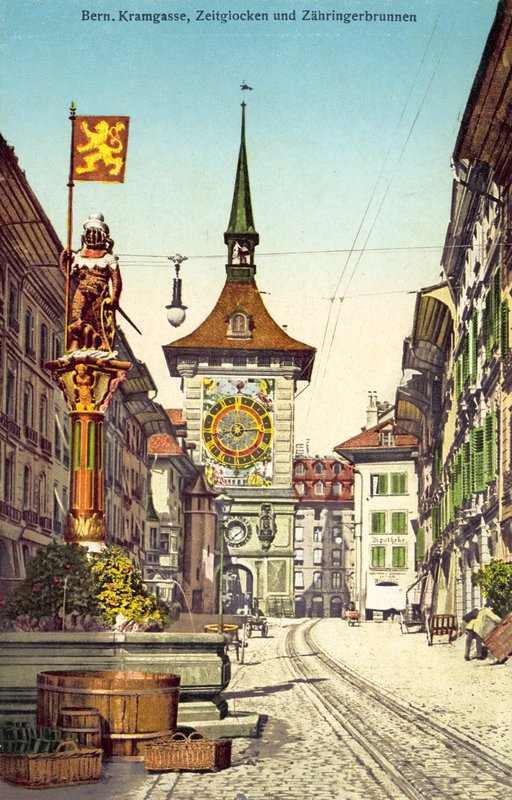 Klocktornet Zytglogge och fontänen Zahringerbrunnen, Kramgasse, Bern Schweiz (färgfoto) av Photographer Swiss