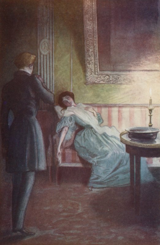 Hon låg tillbaka i en stor soffa, ena handen på hjärtat, den andra hängande vid hennes sida av Pierre Georges Jeanniot