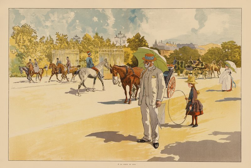 Vid porten till Bois de Boulogne, Paris (färglitografi) av Pierre Georges Jeanniot