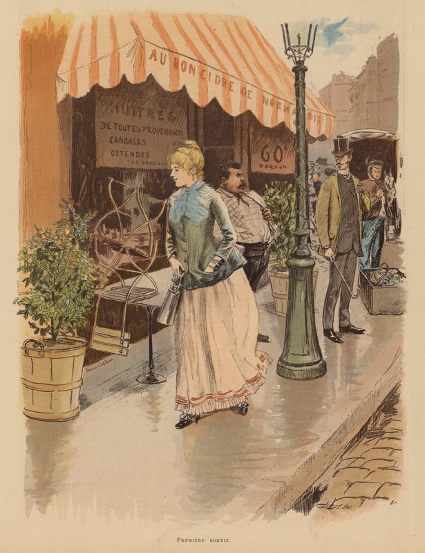 Första utflykten en morgon i Paris (färglitografi) av Pierre Georges Jeanniot