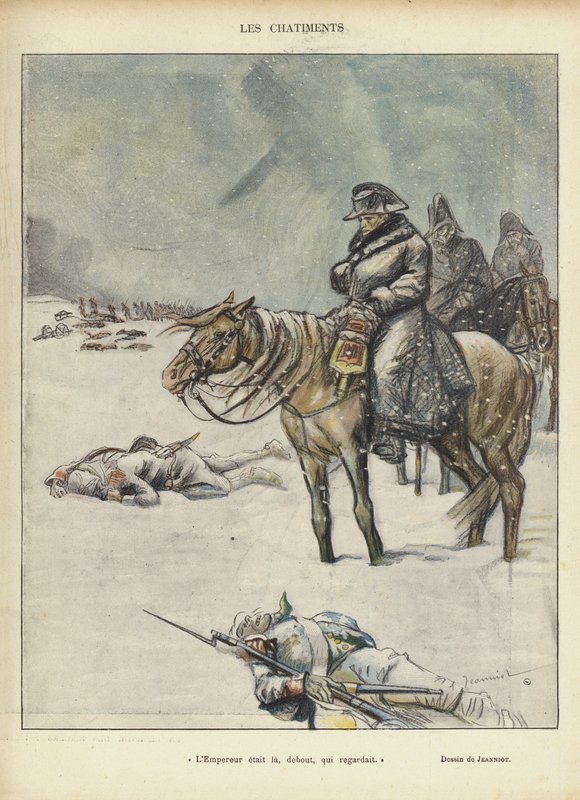 Napoleon på reträtten från Moskva, Illustration för Le Rire av Pierre Georges Jeanniot