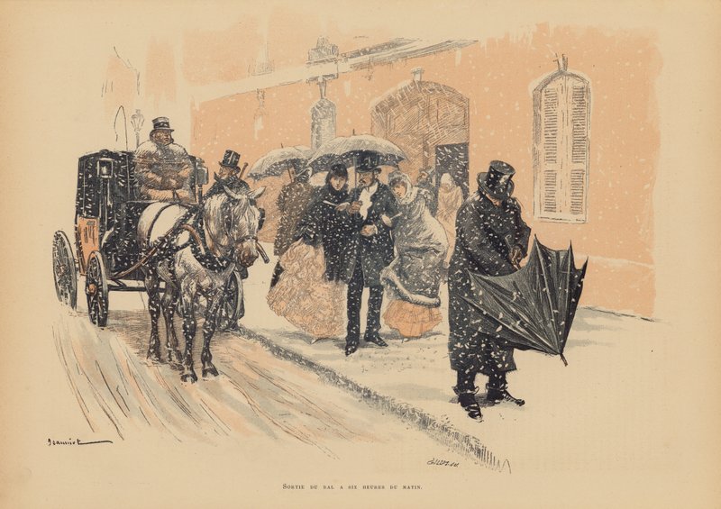 Parisare lämnar en bal klockan sex på morgonen (färglitografi) av Pierre Georges Jeanniot