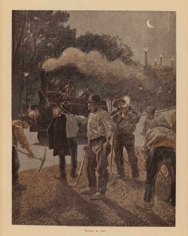Vägarbete i Paris på natten (färglitografi) av Pierre Georges Jeanniot
