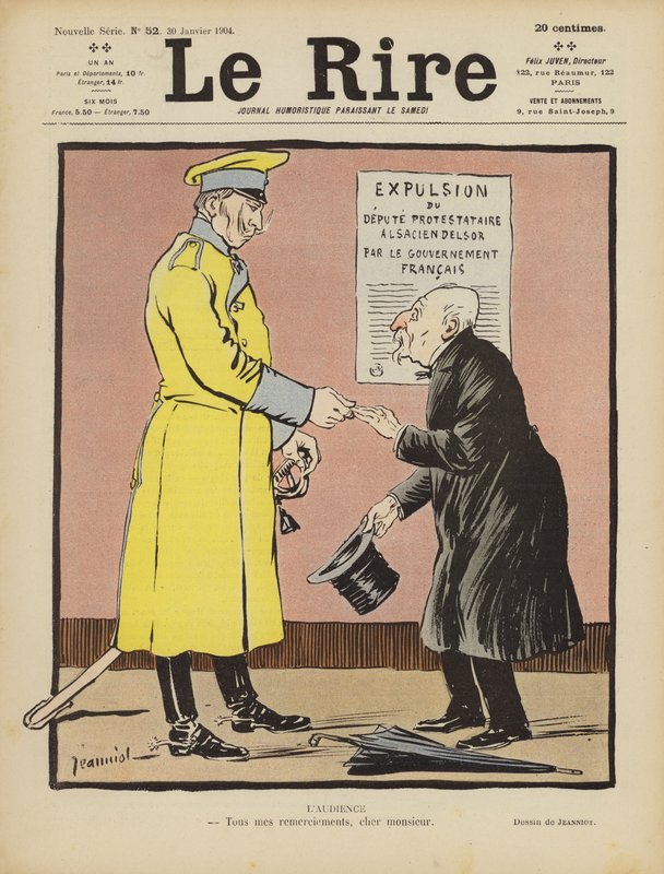 Satir över Frances övergivande av Alsace till Tyskland. Illustration för Le Rire av Pierre Georges Jeanniot