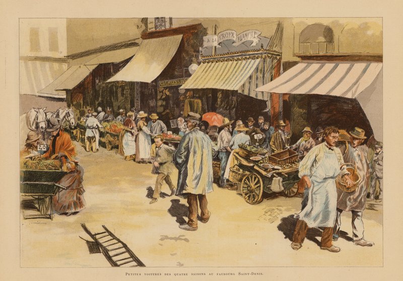Marchandes de quatre saisons på Rue du Faubourg Saint-Denis, Paris (färglitografi) av Pierre Georges Jeanniot