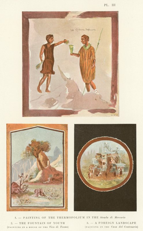 Målning av Thermopolium i Strada di Mercurio, Ungdommens fontän, ett främmande landskap (färg litho) av Pierre Gusman