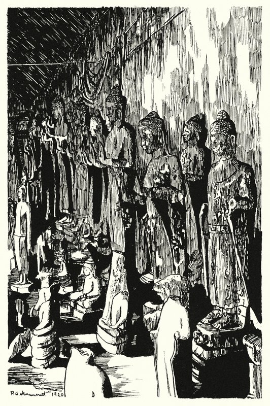 En samling Buddhas i en passage (gravyr) av Pierre Jeannerat de Beerski
