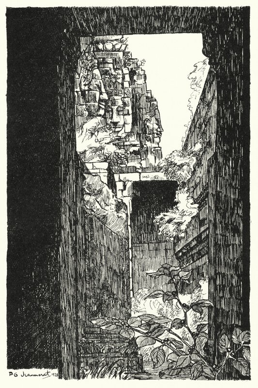 I Bayon, skymta genom ett fallen tak (gravyr) av Pierre Jeannerat de Beerski