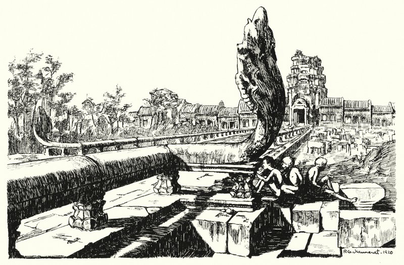 I parken i Angkor Vat, västra Gopuras (gravyr) av Pierre Jeannerat de Beerski