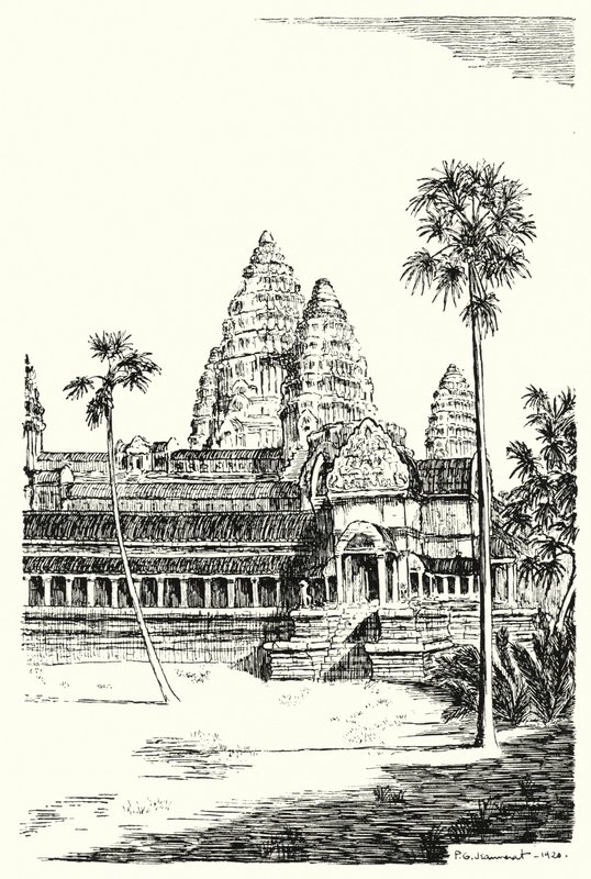 Tornen i Angkor Vat (gravyr) av Pierre Jeannerat de Beerski