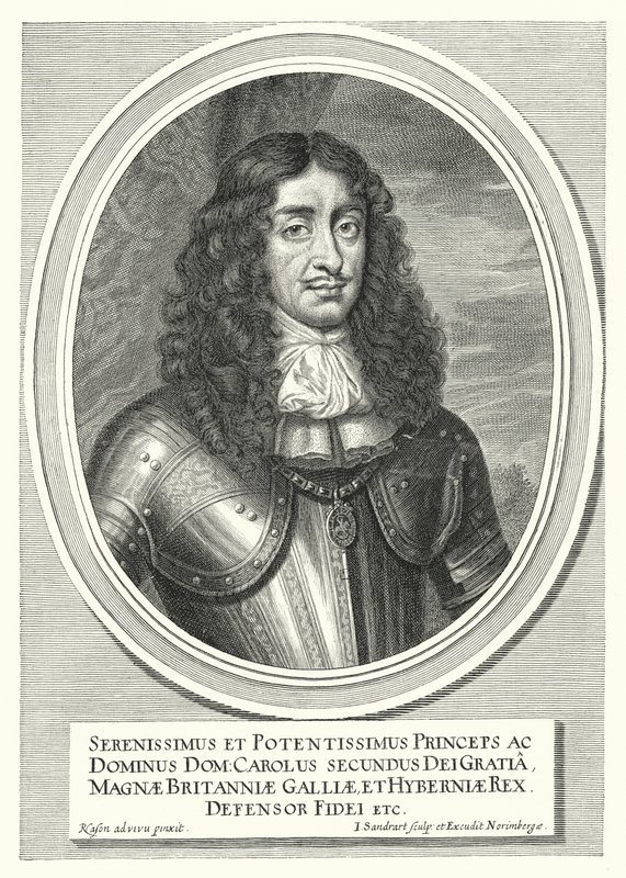 Karl II, kung av England, Skottland och Irland (gravyr) av Pieter Nason
