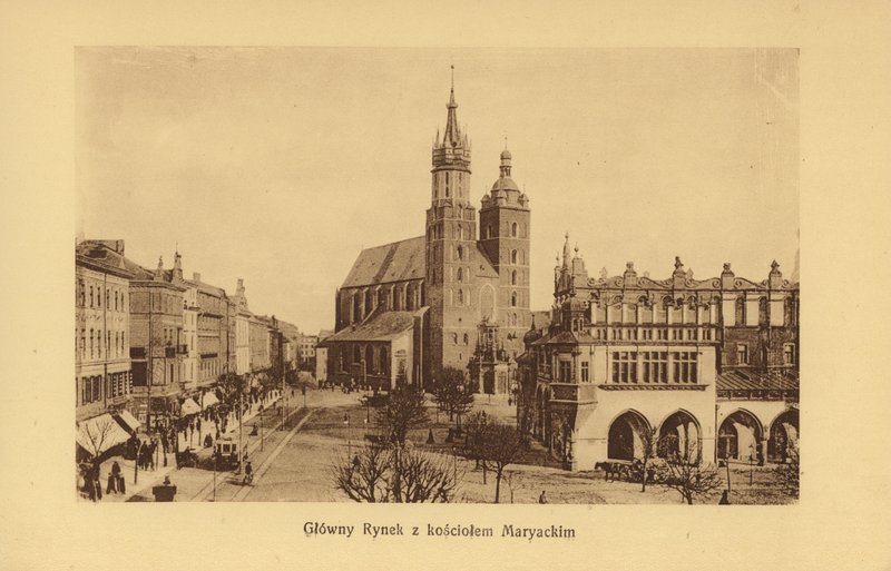 Krakow-Krakau: Stora marknadstorget med Mariakyrkan (svartvitt foto) av Polish Photographer