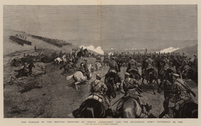 The Passage of the Servian Frontier av Prins Alexander och den bulgariska armén, 24 november 1885 (gravyr) av Polish School