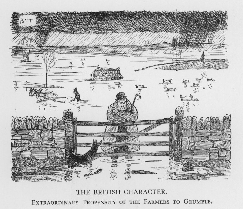 Den brittiska karaktären, böndernas extraordinära benägenhet att knorra (litho) av Pont