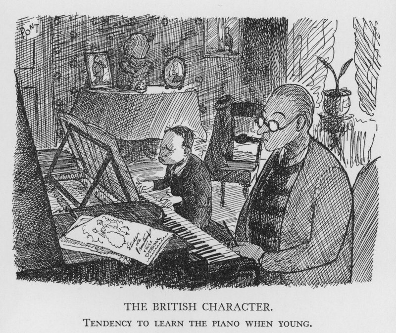 Den brittiska karaktären, tendens att lära sig piano som ung (litho) av Pont