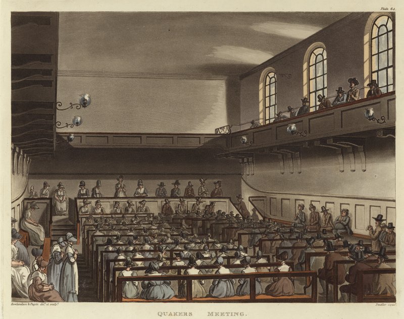 Quakers möte av Pugin and Rowlandson