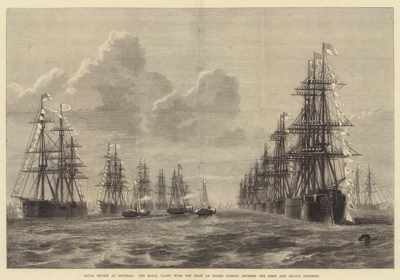 Naval Review på Spithead, Royal Yacht, med Shahen ombord, som passerar mellan första och andra divisionerna av R. Dudley