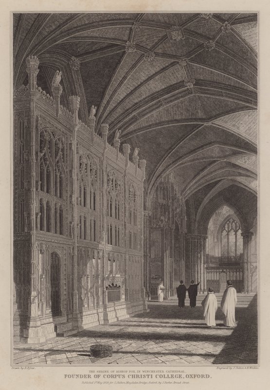 Biskop Foxes helgedom, grundare av Corpus Christi College, Oxford, i Winchester Cathedral (gravyr) av R. (after) Essex