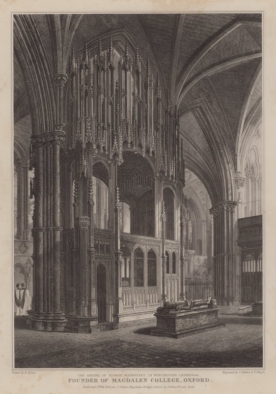 Biskop Waynfletes helgedom, grundare av Magdalen College, Oxford, i Winchester Cathedral (gravyr) av R. (after) Essex