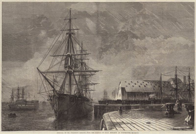Flyttning av Peabodys kvarlevor från järnvägen till HMS Monarch i Portsmouth av R. Dudley