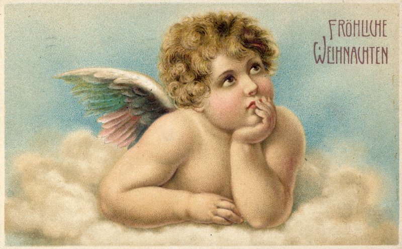 Tyskt julkort med Rafaels kerub av Raffaello Sanzio Raphael