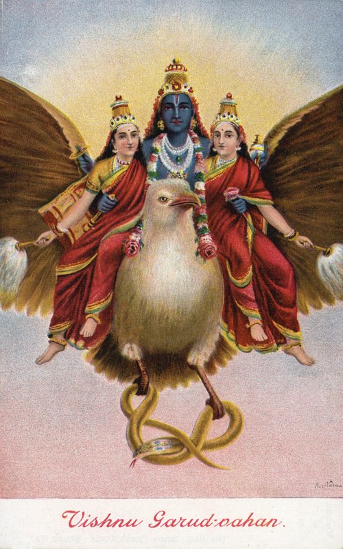 Den hinduiska guden Vishnu, åker på sitt fordon Garuda av Raja Ravi Varma