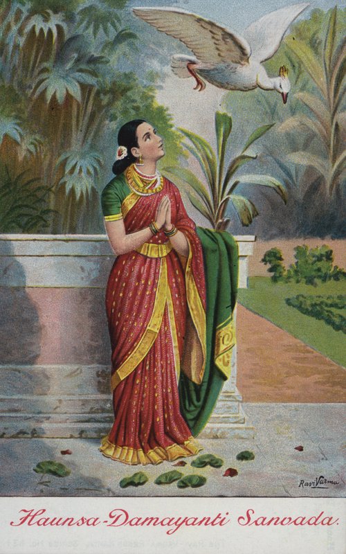 Fågeln Haunsa hyllar kung Nalas dygder till Damayanti i hennes trädgård av Raja Ravi Varma