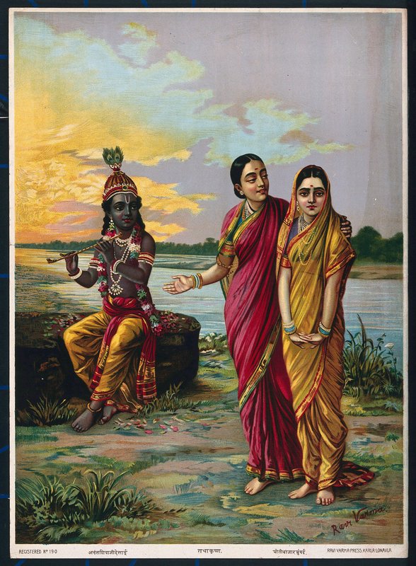 Krishna förklarar sin kärlek till Radha via en förtrogen, efter 1900 (färg litho) av Raja Ravi Varma