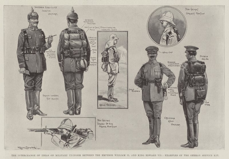 Utbytet av idéer om militär uniform mellan kejsar Vilhelm II och kung Edward VII, exempel på det tyska tjänstepaketet av Ralph Cleaver