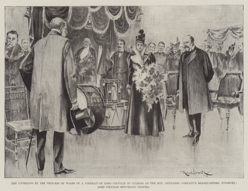 Prinsessan av Wales avtäckande av ett porträtt av Lord Colville av Culross vid Honorable Artillery Companys högkvarter, Finsbury, Lord Colville återvänder tack av Ralph Cleaver