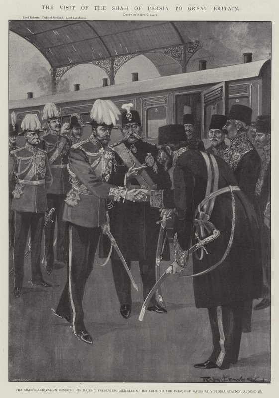 Shahen av Persiens besök i Storbritannien, Shahens ankomst till London, Hans Majestät presenterar medlemmar av sin svit för Prinsen av Wales på Victoria Station, 18 augusti av Ralph Cleaver