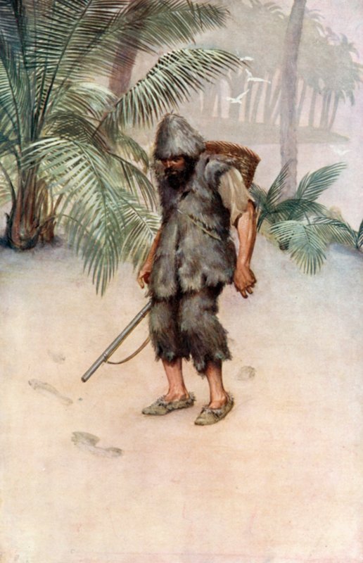 Illustration för Robinson Crusoe av Daniel Defoe (färg litho) av Ralph Noel Pocock