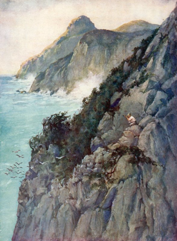 Illustration för Robinson Crusoe av Daniel Defoe (färg litho) av Ralph Noel Pocock