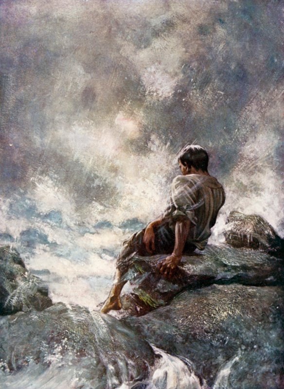 Illustration för Robinson Crusoe av Daniel Defoe (färg litho) av Ralph Noel Pocock