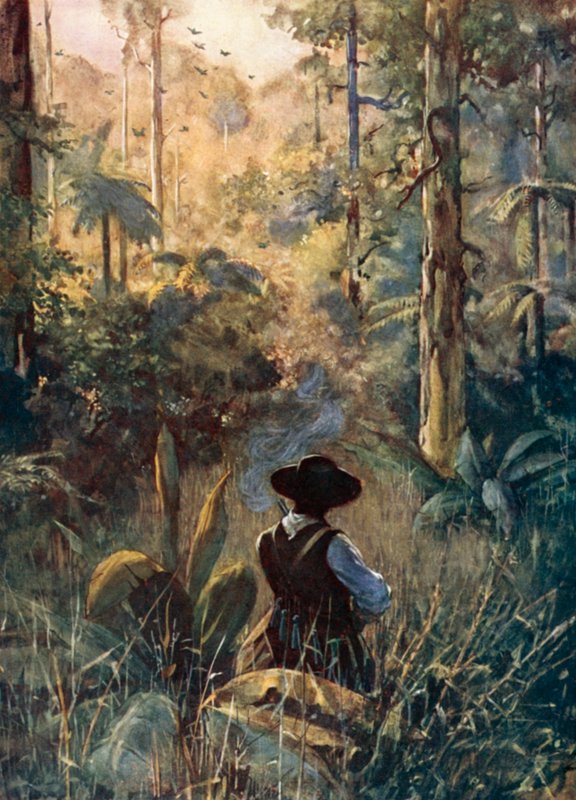 Illustration för Robinson Crusoe av Daniel Defoe (färg litho) av Ralph Noel Pocock