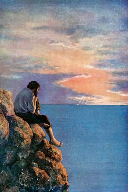 Illustration för Robinson Crusoe av Daniel Defoe (färg litho) av Ralph Noel Pocock