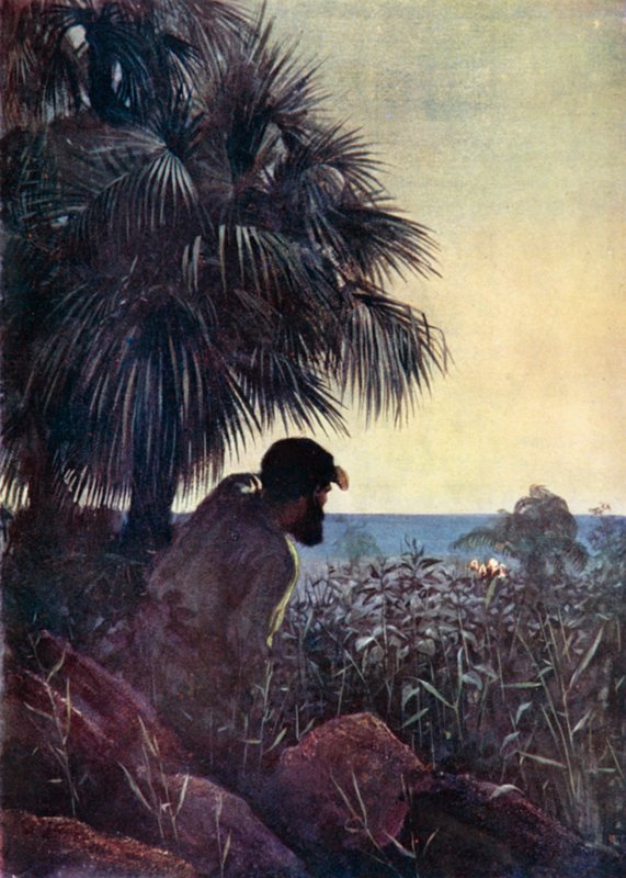 Illustration för Robinson Crusoe av Daniel Defoe (färg litho) av Ralph Noel Pocock