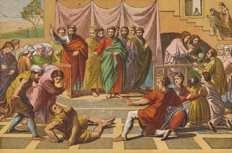 Ananias död (färglitografi) av Raphael (1483-1520) (after)