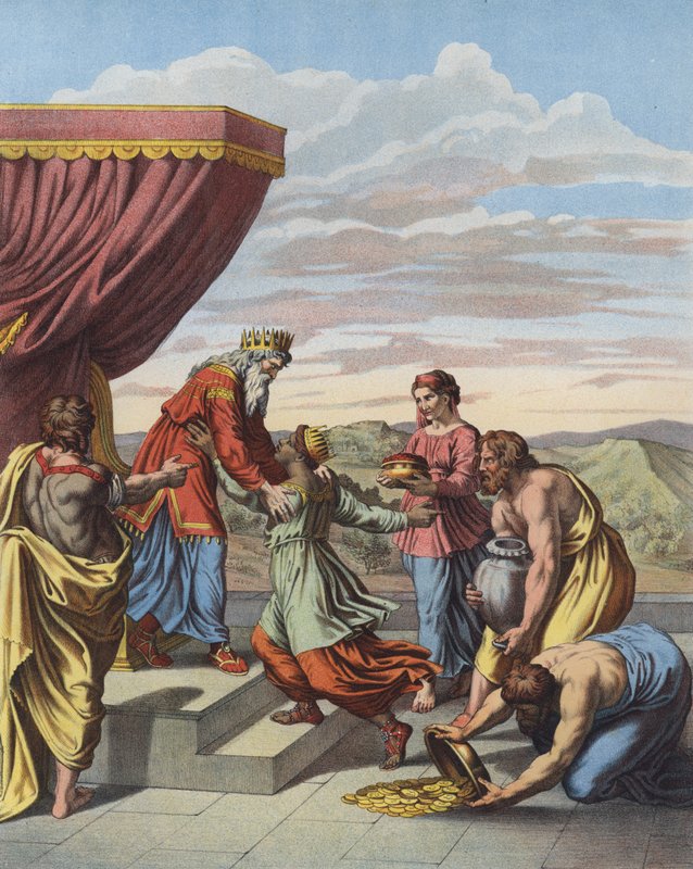 Kung Salomo tar emot drottningen av Saba (färg litho) av after Raphael