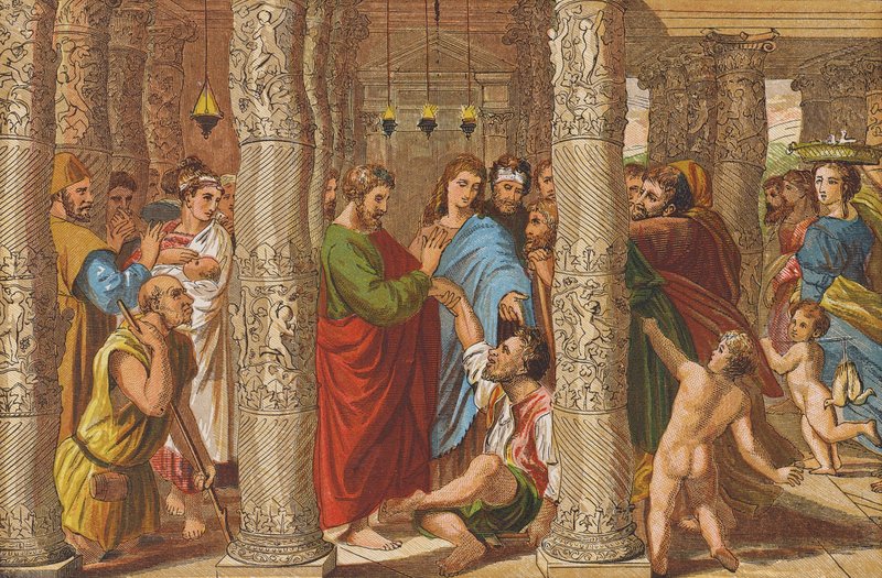 Helandet av den lame mannen (färglitografi) av Raphael (1483 1520) (after)