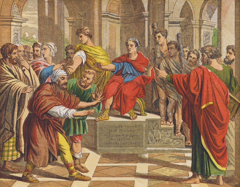 Elymas, trollkarlen som slagits blind, inför Sergius Paulus (färglitografi) av Raphael (1483 1520) (after)