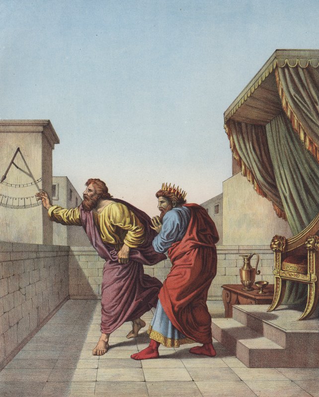 Jesaja informerar kung Hiskia av Juda att han kommer att leva femton år till (färg litho) av after Raphael