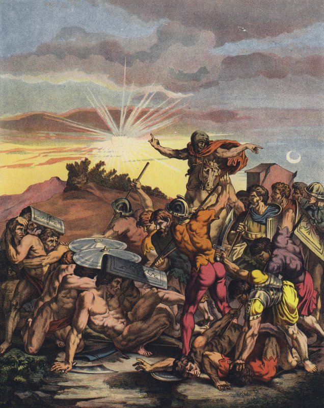 Josua befaller solen att stå still i slaget vid Gibeon under israeliternas erövring av Kanaan (färg litho) av after Raphael