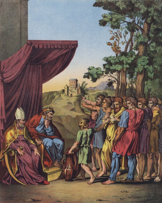 Josua som presiderar över tilldelningen av Kanaans länder till Israels stammar (färg litho) av after Raphael